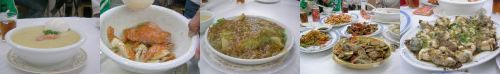 水蟹粥、瑤柱生菜、豉椒花蛤、椒鹽海蝦、醬爆雞、椒鹽鮮魷和豉汁蒸大鱔